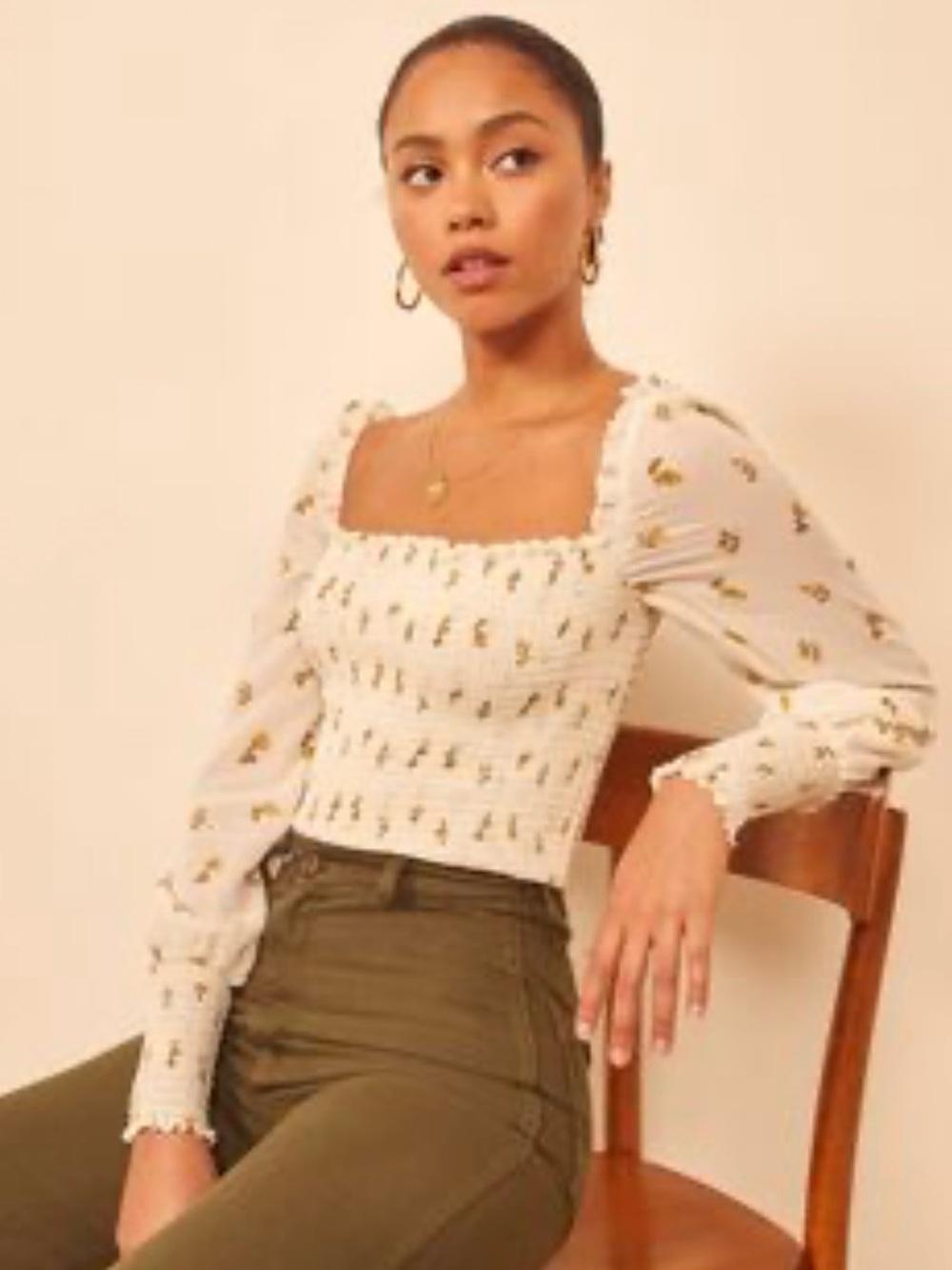 NWT Reformation White Floral Long Sleeve Smocked Top